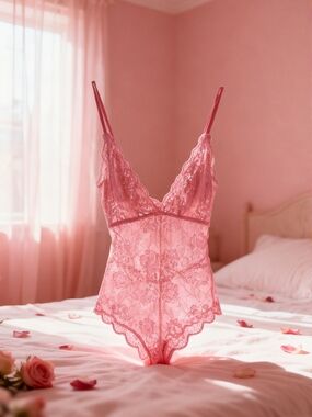 Lace V-Neck Bodysuit in Pink